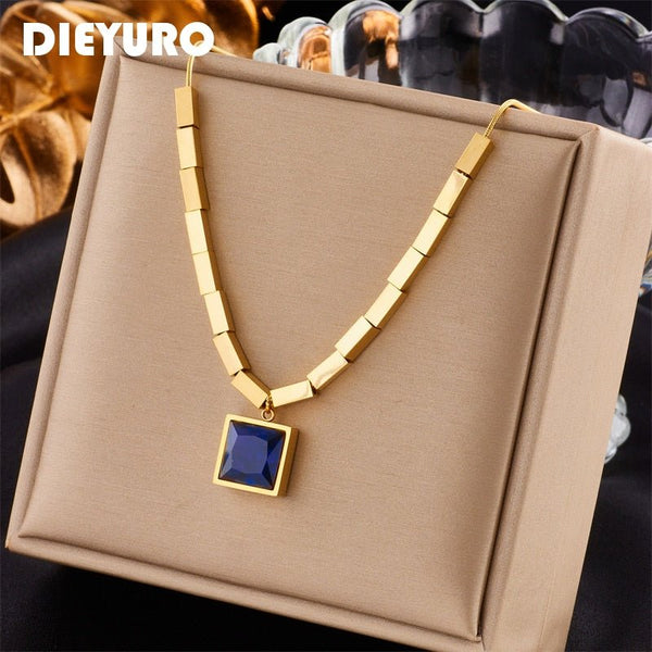 316L Stainless Steel Square Blue Zircon Necklace For Women New Trend Geometric Clavicle Chain Neck Jewelry Party Gifts