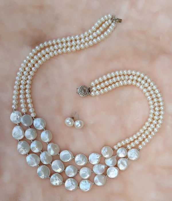 Coin Pearl & Freshwater Pearl Necklace with Earring Set