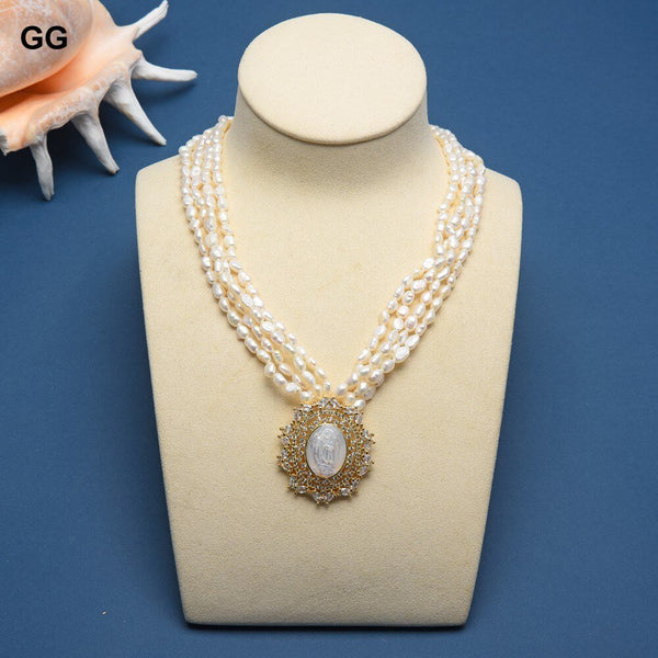 4 Strands Natural Freshwater Cultured White Keshi Pearl CZ Shell Christ Jesus Connector Pendant Necklace For Women