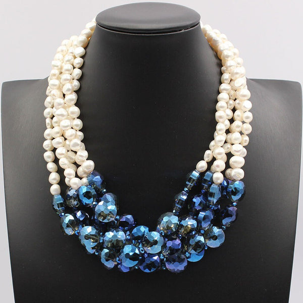 5 Rows Natural White Keshi Potato Pearl Coin Blue Glass Crytal Necklace Handmade For Lady