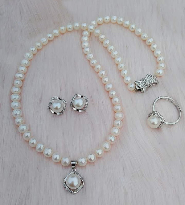 Aqua Allure: Freshwater Pearl Necklace and 925 Silver Earrings Set