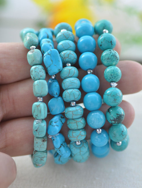 5pcs 8" Stretch Round Baroque Blue Green Turquoise Bead Bracelet - LeisFita.com