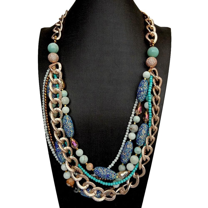 6 Rows Multi Strands Necklace Blue Amazonite Crystal Pave Statement Jewelry 28&quot; statement necklace - LeisFita.com