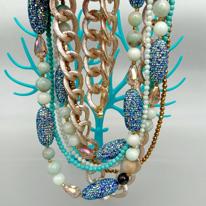 6 Rows Multi Strands Necklace Blue Amazonite Crystal Pave Statement Jewelry 28&quot; statement necklace - LeisFita.com