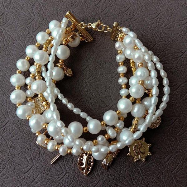 6 Rows Potato Rice Pearl Bracelet Cz Pave Charm Summer Beach Jewelry 8&#39;&#39; - LeisFita.com