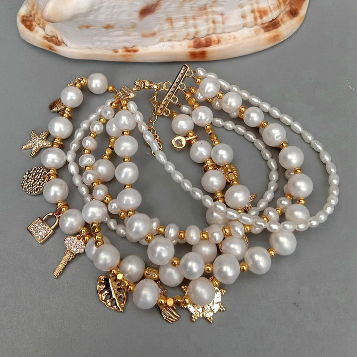 6 Rows Potato Rice Pearl Bracelet Cz Pave Charm Summer Beach Jewelry 8&#39;&#39; - LeisFita.com