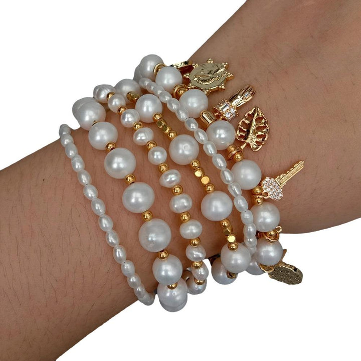 6 Rows Potato Rice Pearl Bracelet Cz Pave Charm Summer Beach Jewelry 8&#39;&#39; - LeisFita.com
