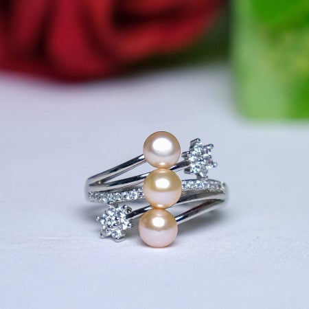 Fresh Water Pearl Pink Color Three Pearl finger Ring