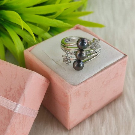 Fresh Water Pearl Black Color Three Pearl finger Ring