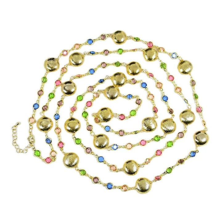 6Mix Color Crystal Cubic Zirconia Micro Pave Chain Brushed Coin Bead Long Necklace Gold Plated Jewelry Gifts - LeisFita.com