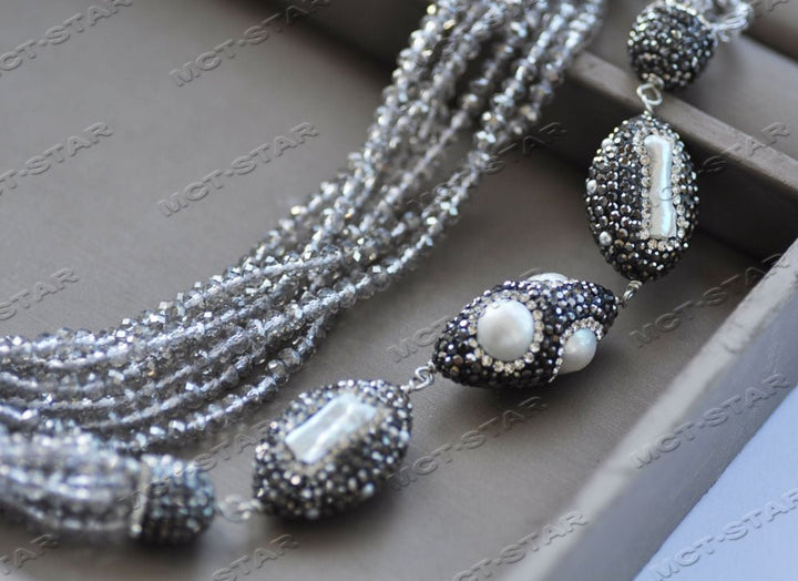 6Row 42&#39;&#39; 33mm White Baroque Pearl Faceted Gray Crystal Necklace - LeisFita.com