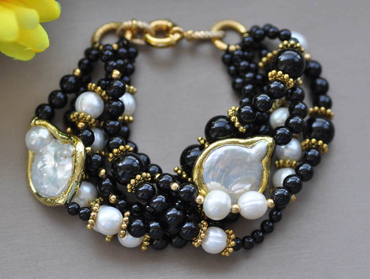 6Row 8" 30mm White Coin Pearl &amp; Black Agate Bracelet - LeisFita.com