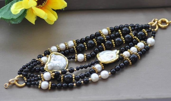 6Row 8" 30mm White Coin Pearl &amp; Black Agate Bracelet - LeisFita.com