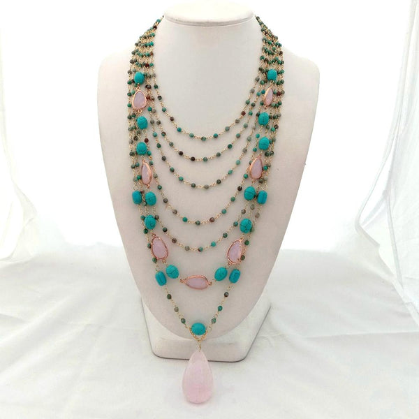 7 Rows Sea Sediment Jaspers Pink Crystal Necklace Genuine rose crystal Pendant statement necklace hyperbole ethnic for women - LeisFita.com