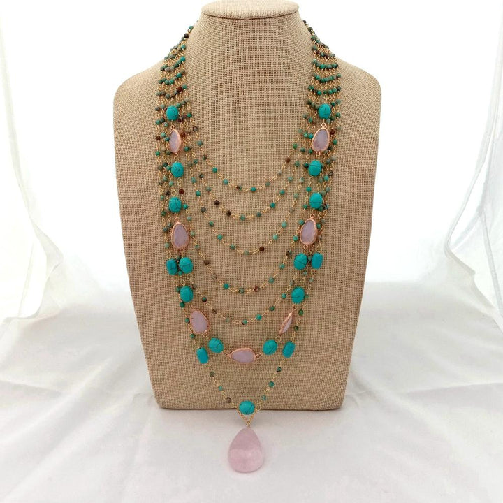 7 Rows Sea Sediment Jaspers Pink Crystal Necklace Genuine rose crystal Pendant statement necklace hyperbole ethnic for women - LeisFita.com