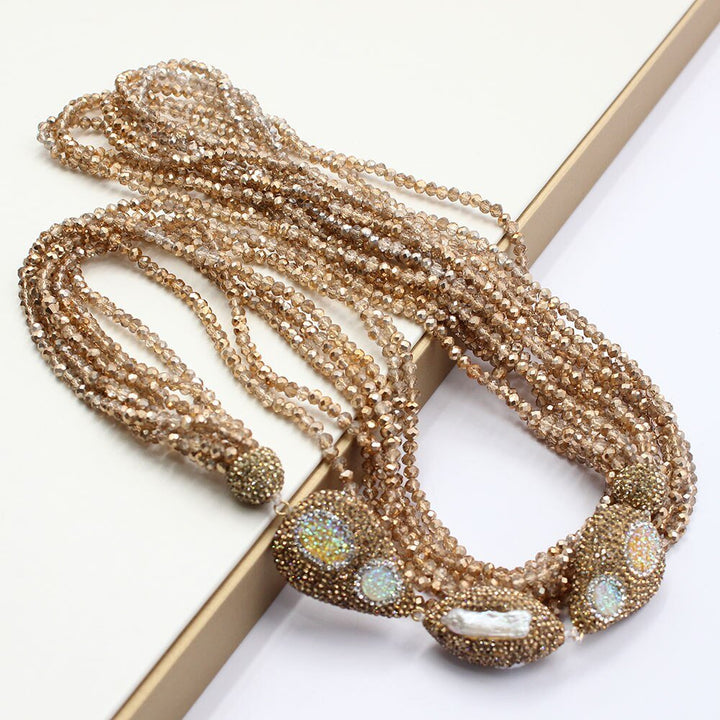 7 Strands Yellow Golden Crystal Natural White Keshi Pearl CZ Rough Long Necklace Handmade For Women - LeisFita.com