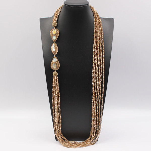 7 Strands Yellow Golden Crystal Natural White Keshi Pearl CZ Rough Long Necklace Handmade For Women - LeisFita.com