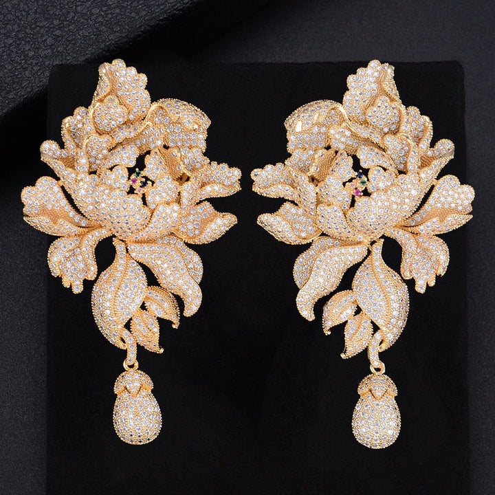 76mm Luxury Peony Flower Blossom Cubic Zirconia Women Statement Long Drop Earring Wedding Party Bridal Fringed Jewelry Gift - LeisFita.com