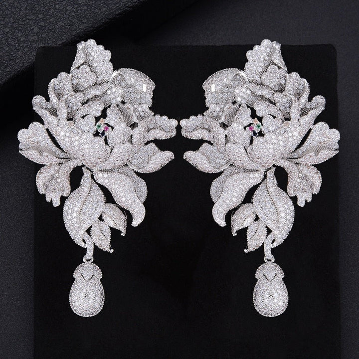 76mm Luxury Peony Flower Blossom Cubic Zirconia Women Statement Long Drop Earring Wedding Party Bridal Fringed Jewelry Gift - LeisFita.com