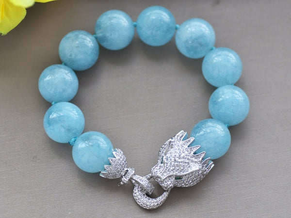 8" 16mm Blue Aquamarine Round Bead Bracelet CZ - LeisFita.com