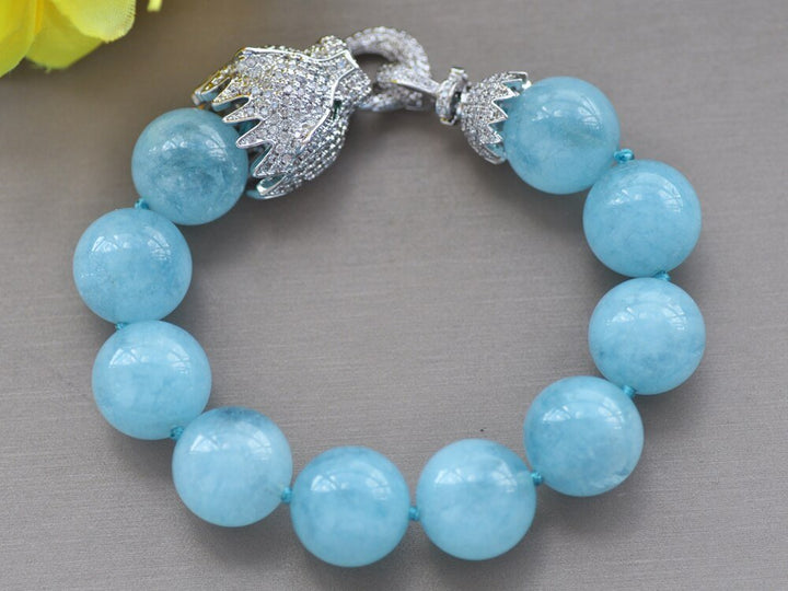 8" 16mm Blue Aquamarine Round Bead Bracelet CZ - LeisFita.com