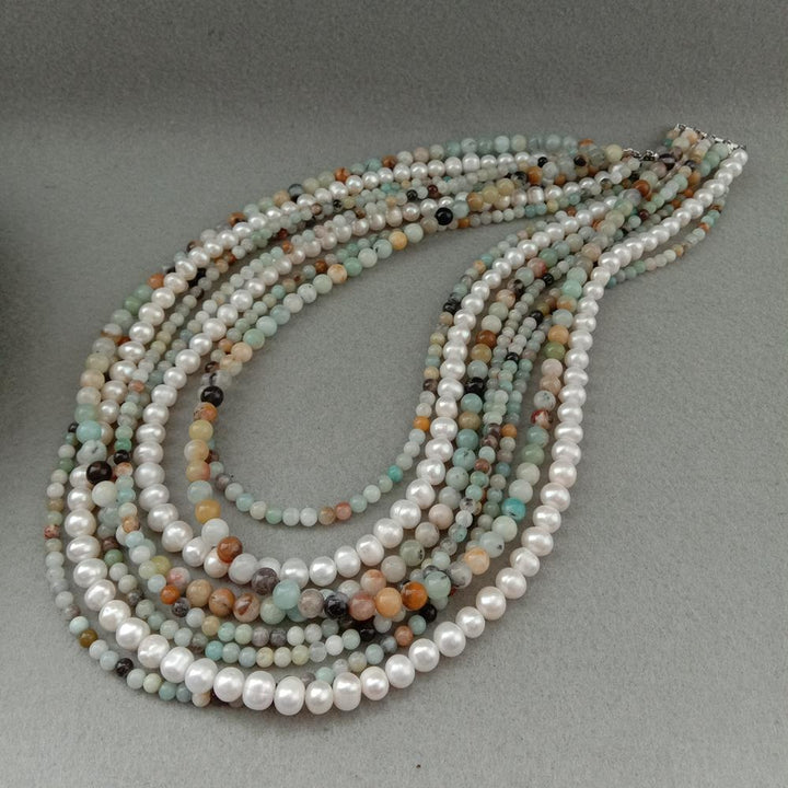8 strands natural 4mm round Amazonite Necklace White freshwater Pearl Mixed Color Amazonite handmade for women - LeisFita.com