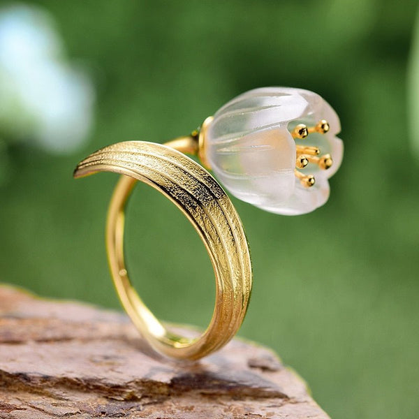 925 Sterling Silver 18k Gold Ring Natural Crystal Handmade Fine Jewelry Lily of the Valley Flower Rings For Women - LeisFita.com