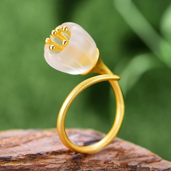 925 Sterling Silver 18k Gold Ring Natural Crystal Handmade Fine Jewelry Lily of the Valley Flower Rings For Women - LeisFita.com