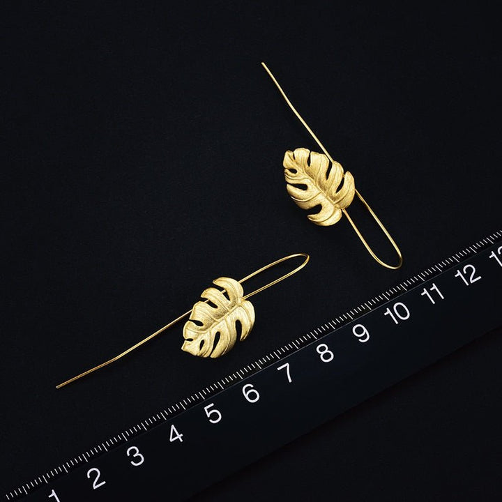 925 Sterling Silver Creative Handmade Design Fine Jewelry 18K Gold Monstera Leaves Drop Earrings for Women Bijoux - LeisFita.com