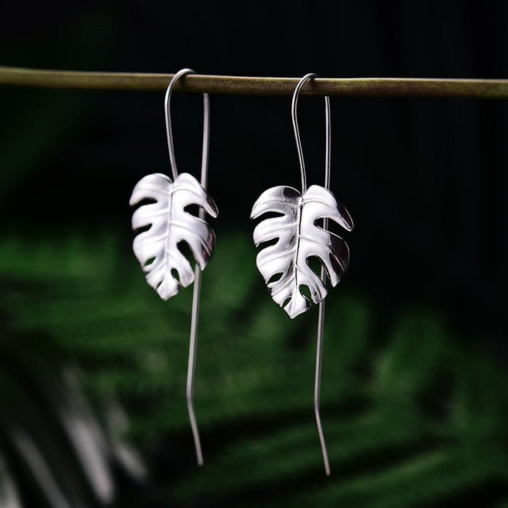 925 Sterling Silver Creative Handmade Design Fine Jewelry 18K Gold Monstera Leaves Drop Earrings for Women Bijoux - LeisFita.com