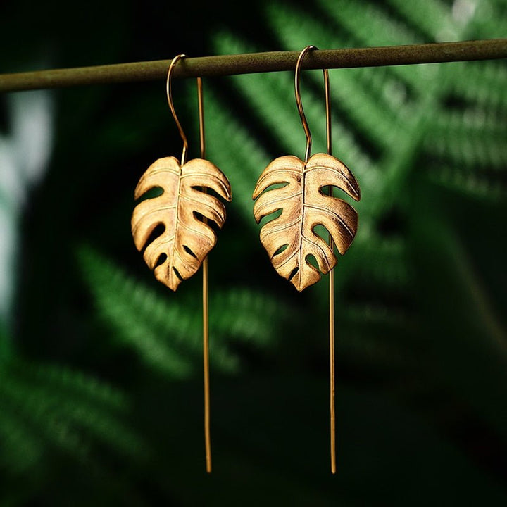 925 Sterling Silver Creative Handmade Design Fine Jewelry 18K Gold Monstera Leaves Drop Earrings for Women Bijoux - LeisFita.com