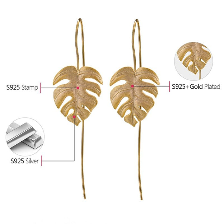 925 Sterling Silver Creative Handmade Design Fine Jewelry 18K Gold Monstera Leaves Drop Earrings for Women Bijoux - LeisFita.com