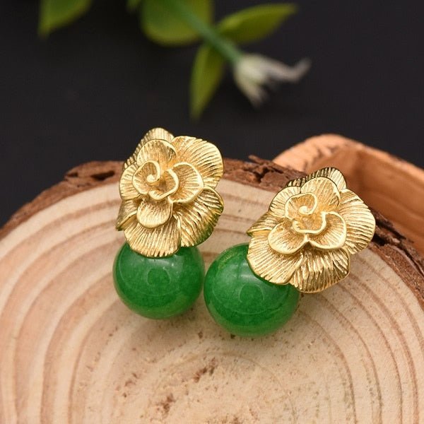 925 Sterling Silver Ear Pin Natural Round Jade Plant Leaves Earrings For Women 2022 Luxury Vintage Wedding Jewellery - LeisFita.com