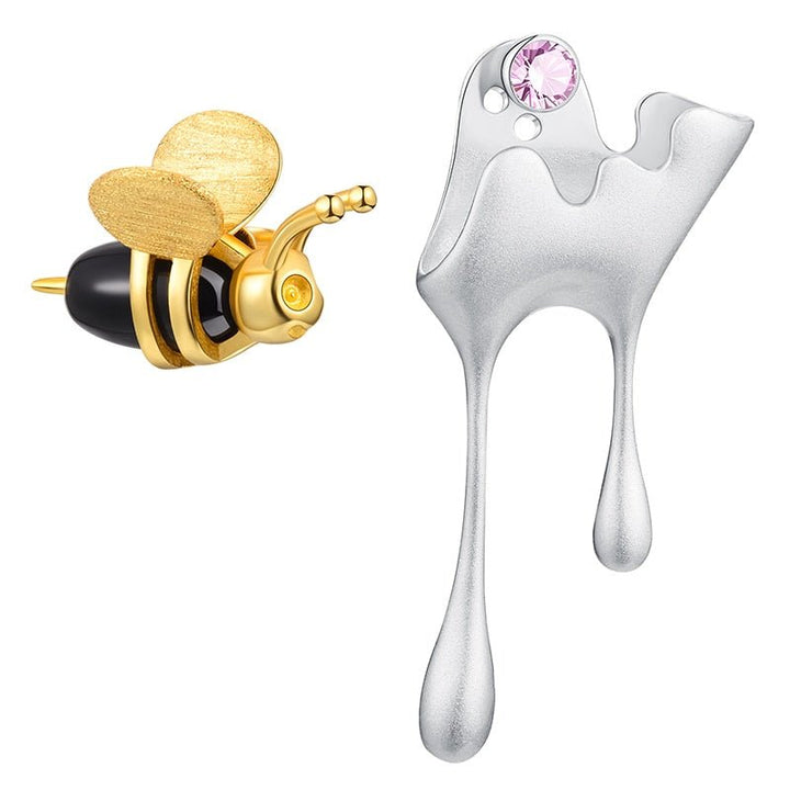 925 Sterling Silver Handmade Fine Jewelry 18K Gold Bee and Dripping Honey Asymmetric Stud Earrings for Women Gift - LeisFita.com