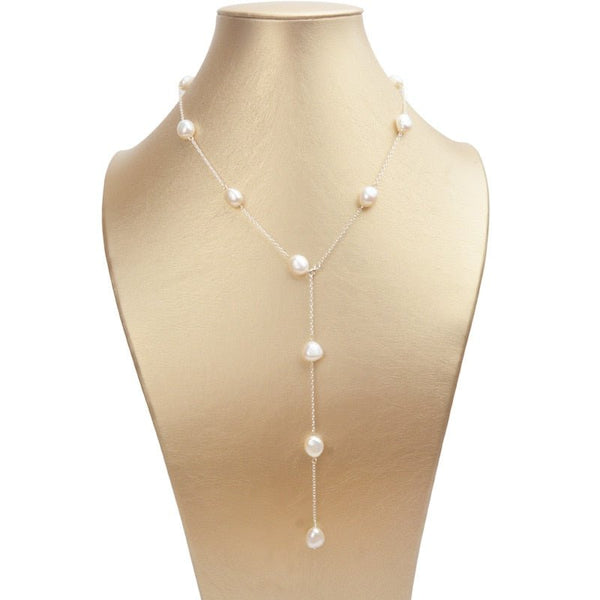 925 Sterling Silver Long Chain Necklace 8-9mm Natural Baroque Freahwater Pearl Jewelry for Women Ladies Gift - LeisFita.com