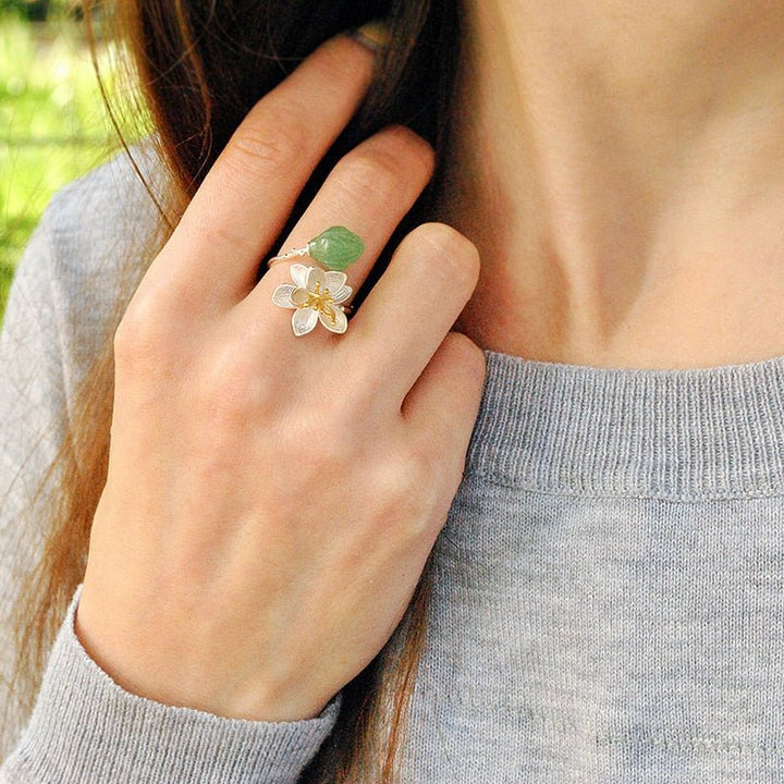 925 Sterling Silver Natural Aventurine Gemstones Flower Ring Fine Jewelry Lotus Whispers Rings for Women Bijoux - LeisFita.com