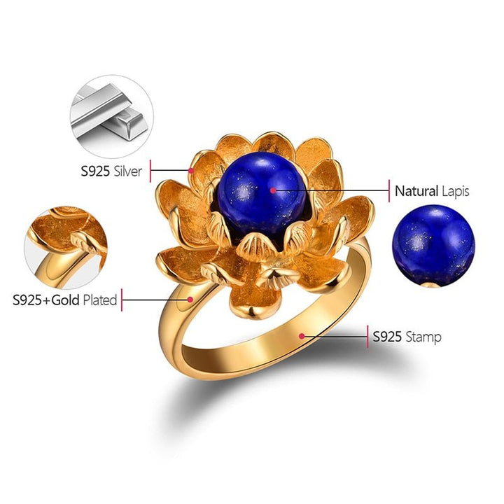 925 Sterling Silver Natural Blue Lapiz Lazuli Blooming Lotus Flower Rings - LeisFita.com