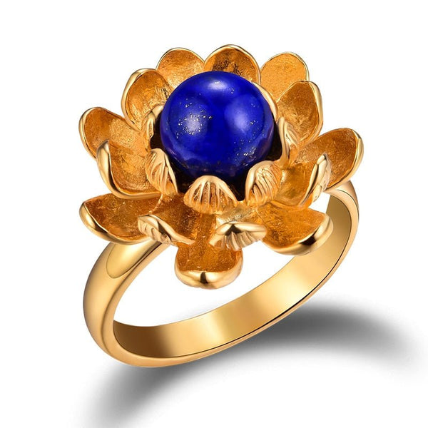 925 Sterling Silver Natural Blue Lapiz Lazuli Blooming Lotus Flower Rings - LeisFita.com