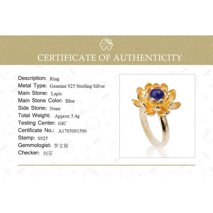 925 Sterling Silver Natural Blue Lapiz Lazuli Blooming Lotus Flower Rings - LeisFita.com