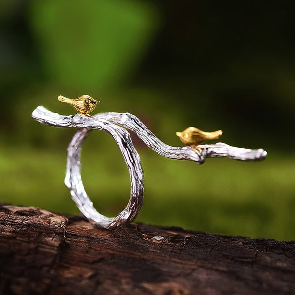 925 Sterling Silver Natural Handmade Designer Fine Jewelry Adjustable Ring Bird on Branch Rings for Women Bijoux