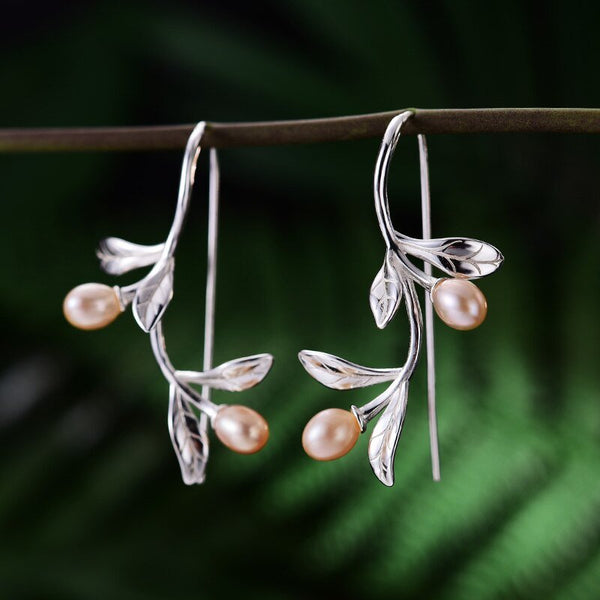 925 Sterling Silver Natural Pearl Earrings Fine Jewelry Waterdrops from the Olive Leaves Drop Earrings for Women