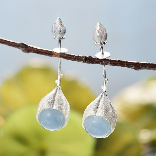 925 Sterling Silver Natural Stone Handmade Designer Fine Jewelry Elegant Lotus Buds Dangle Earrings for Women