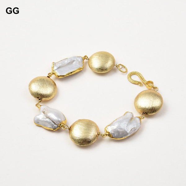 GG Jewelry 8'' Freshwater Keshi Pearl Yellow Gold Plated Coin Bracelet