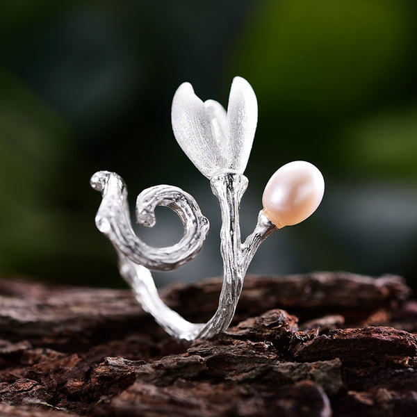 Real 925 Sterling Silver Natural Pearl Creative Handmade Fine Jewelry Magnolia Flower Rings for Women Designer Bijoux