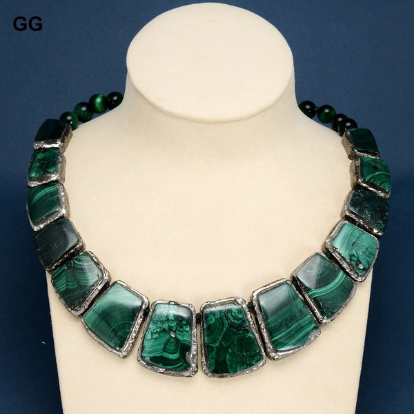 Jewelry Natural Green Malachite Silver Plated Graduated Green Tiger Eye Round Beads Necklace For Women