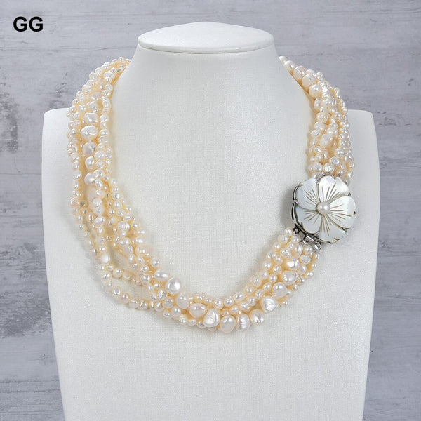 Jewelry 7Strands Natural White Fancy Baroque Pearl Necklace Shell Flower Clasp