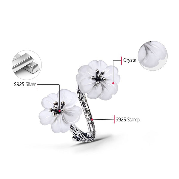 Real 925 Sterling Silver Natural Crystal Handmade Fine Jewelry Vintage Flower in the Rain Adjustable Rings for Women