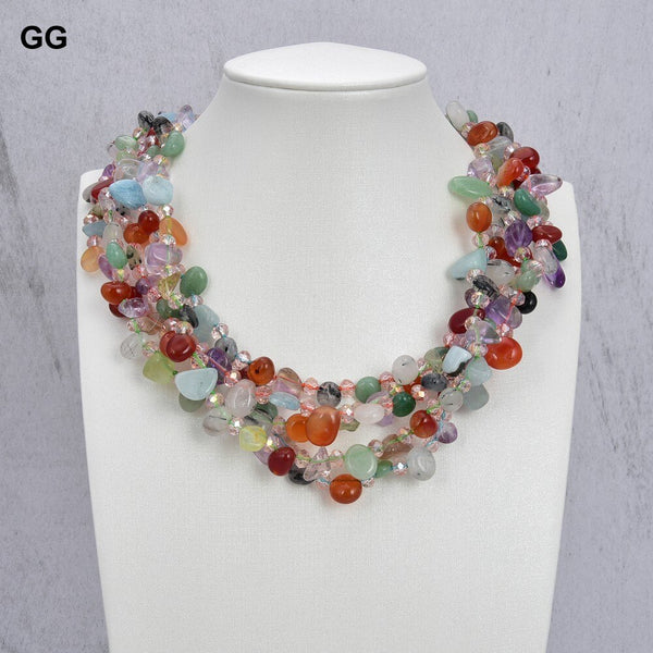 Jewelry 5Strands Agates Jades Crystal Jaspers Mix-Color Gems Stone Torsade Necklace
