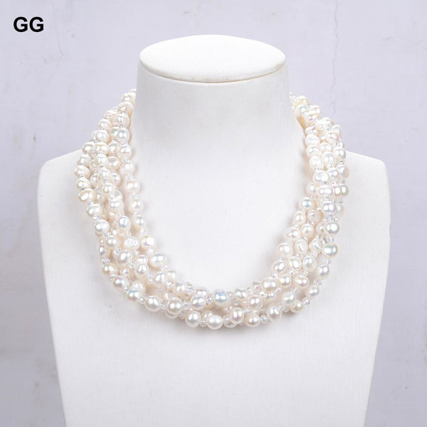 Jewelry 5 Strands Natural White Cultured Baroque Pearl Clear Crystal Quartz Necklace For Women Lady Fashion Jewelry Gift