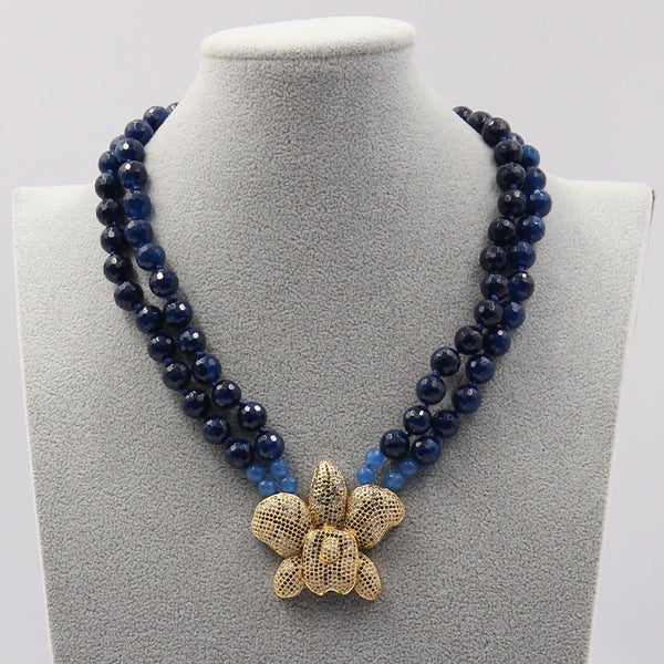 Jewelry  2 Strands Round Faceted Blue Agate Necklace CZ Flower Pendant Handmade For Women